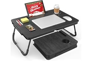 BUYIFY Portable Foldable Laptop Desk for Bed and Couch, Adjustable Lap Desk with Cup Holder and Phone Holder, Ideal for Working, Reading, Writing, and Breakfast (Black)