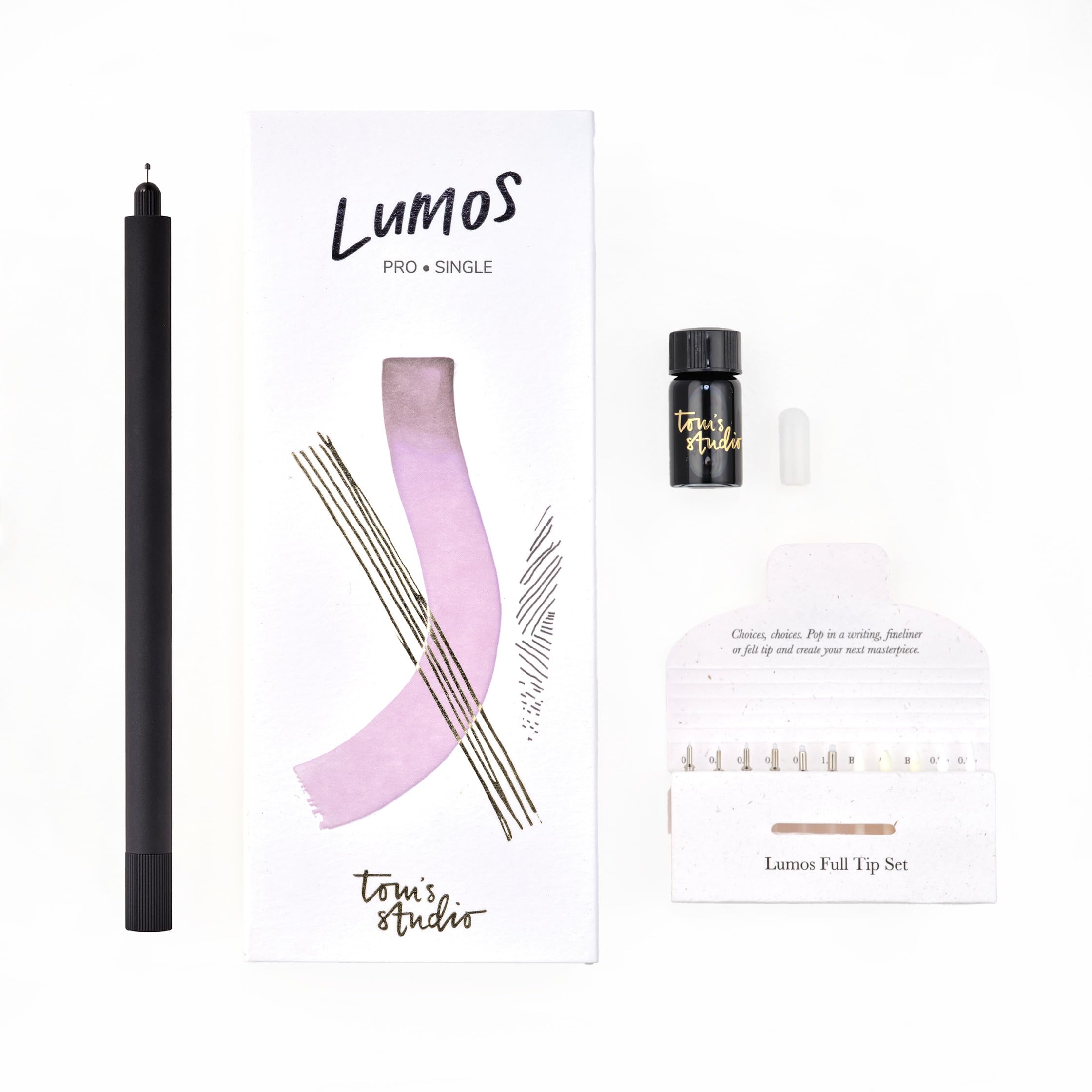 Tom's Studio Lumos Pro Single Tip (Matte Black) | Refillable Fineliner, Writing & Brush Pen | Comes with 11 Tips, 3ml Deep Black Ink Sample & 1x Ink Reservoir