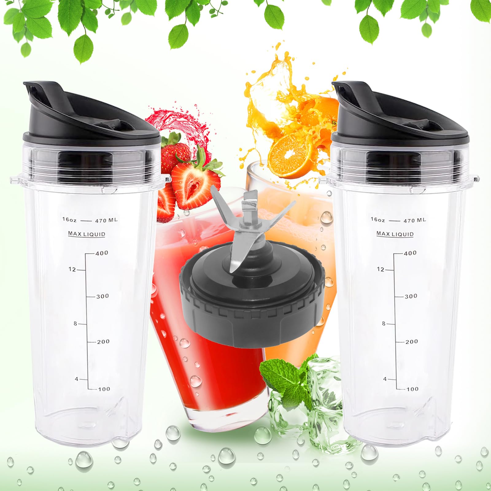 Ninja Blender Replacement Parts Compatible with BL770 BL660 BL663 BL663CO BL665Q BL740, 2 Pack Single Serve Ninja Blender 16oz Cups with Sip & Seal Lids &6 Fins Ninja Blender Blade Assembly