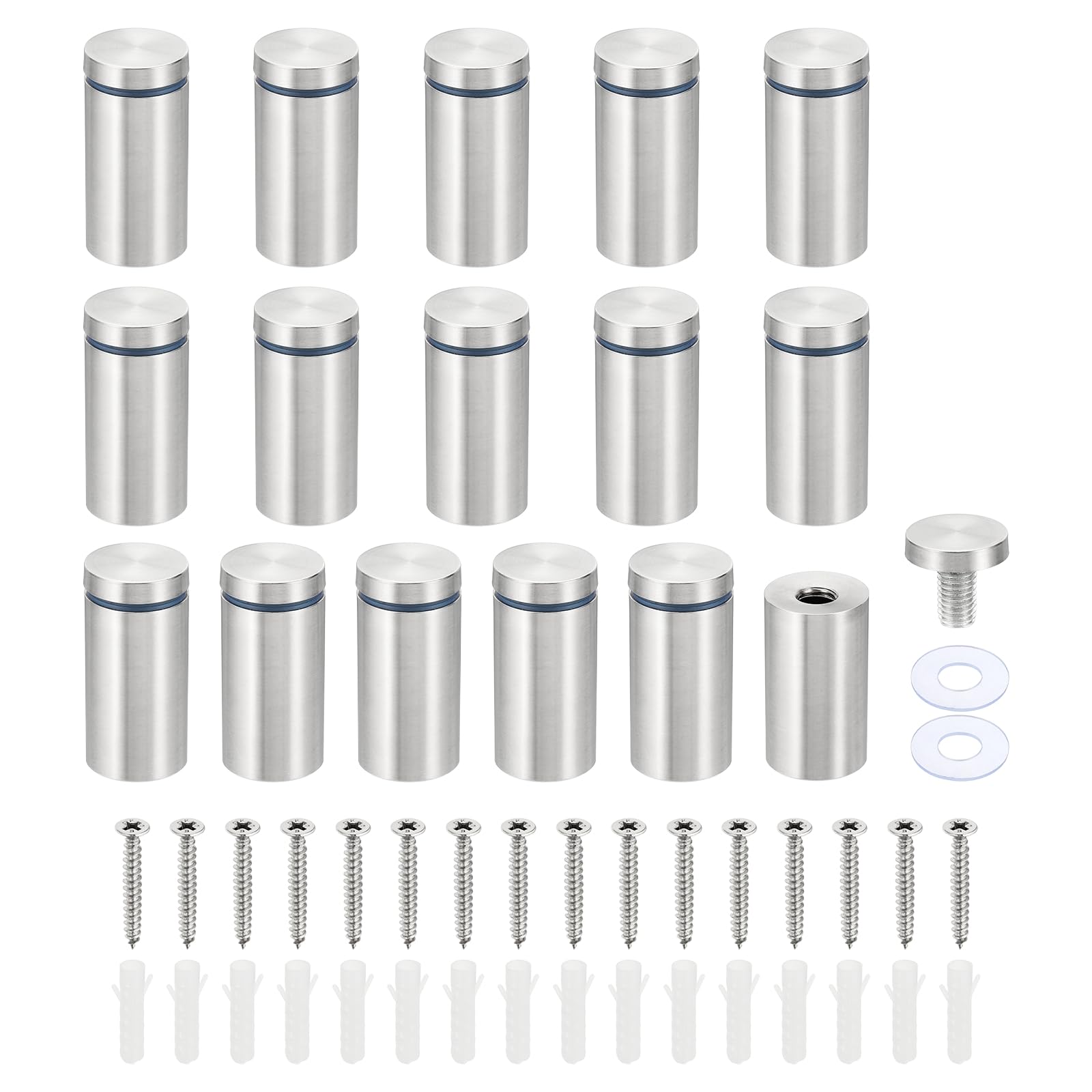 PATIKIL 1 x 2 inch Sign Standoff Screws, 16 Set Stainless Steel Wall Standoff Mounting Hardware Advertising Glass Nail for Hanging Acrylic Picture Frame Acrylic Panel, Silver