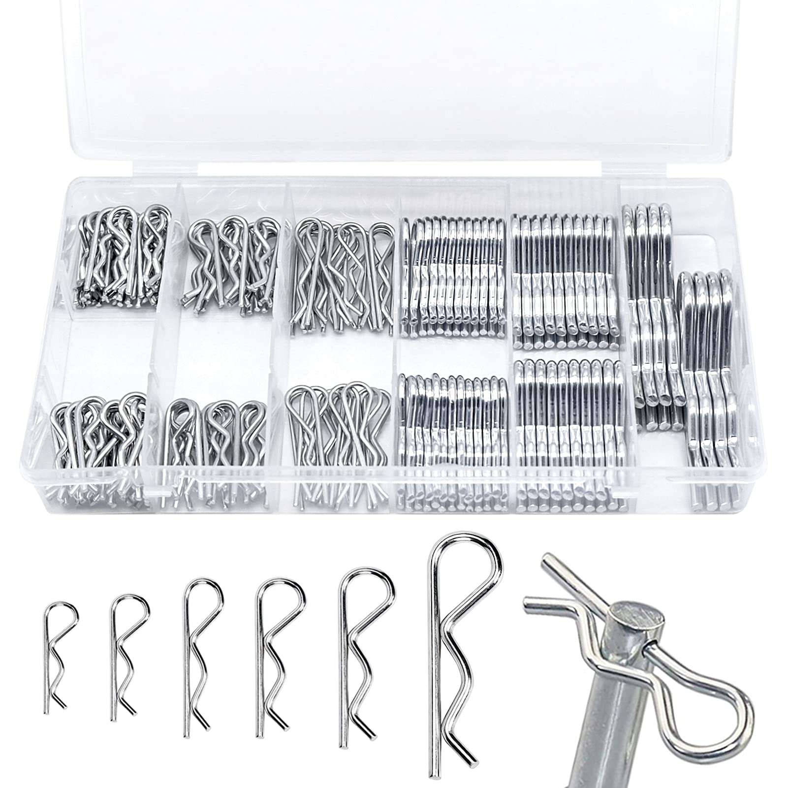 150pcs Cotter Pins Assortment Kit, R Clips R Shaped Clips, Retaining Spring Hitch, Safe and Quick Tighten (6 Sizes)