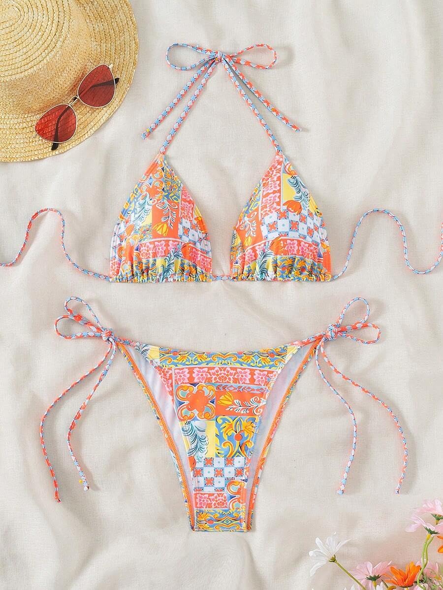 ZAFUL Triangle Bikini for Women 2 Piece Halter Bikini Sets Sexy High Cut Bathing Suit Side Tie Swimsuits Orange Tribal M - Image 2
