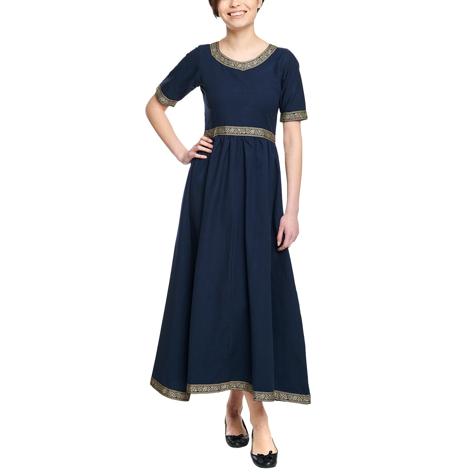 Medieval Ladies Dress with Short Sleeve and Lacing Blue Cotton - L