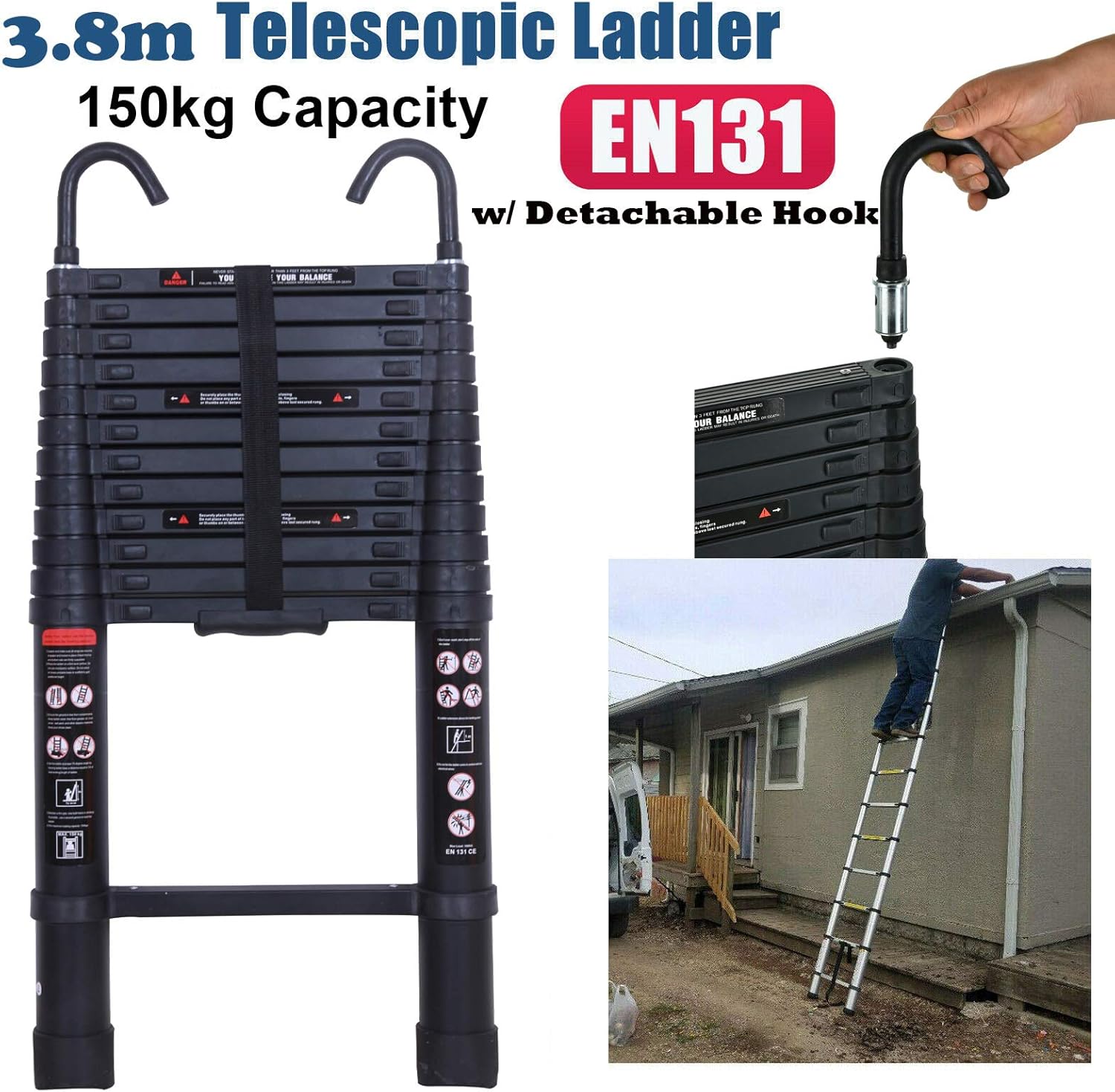 Aluminum Telescopic Ladder with Hook 3.8m Extension Ladders Multi