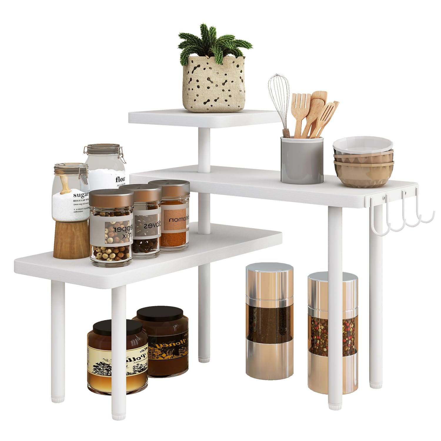 Photo 1 of IBUYKE Countertop Organizer,3-Tier Spice Racks,Kitchen Counter Corner Shelf,4 Side Hooks,Adjustable Countertop Shelf for Kitchen, Bathroom, Coffee Bar, Cabinet, Desk,White,TLJ023W