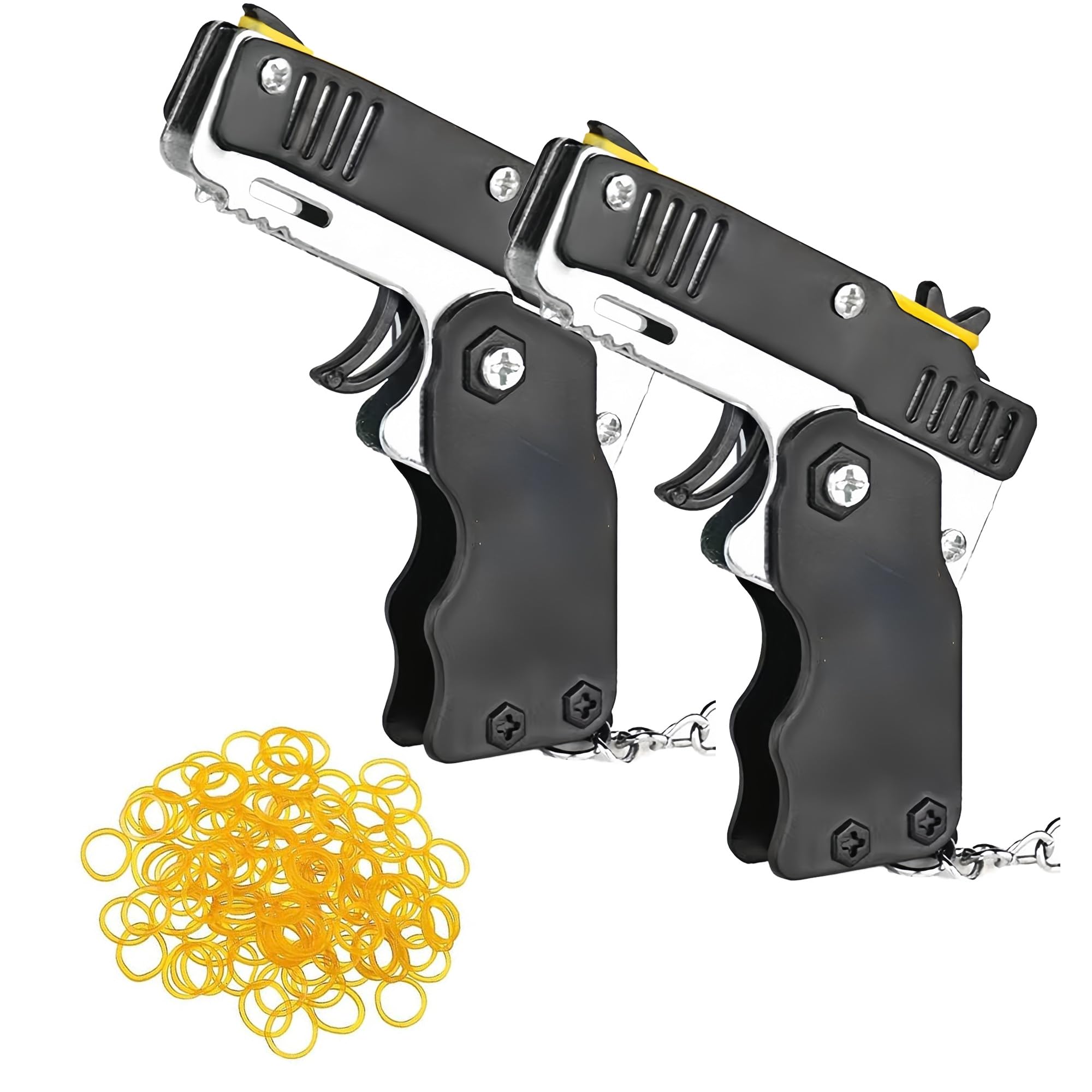 Hioseyre 2pcs Rubber Band Gun With 120 Pcs Soft Elastic Bands - Metal Folding Launcher Keychain for Teens Adults Shooting Outdoor Indoor Activities (Black)