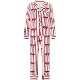 Lshyuehao Bow Pajamas Set for Women Cute Bow Tie Long Sleeve Shirt Pants Satin Silk Heart 2 Piece Pjs Set Sleepwear