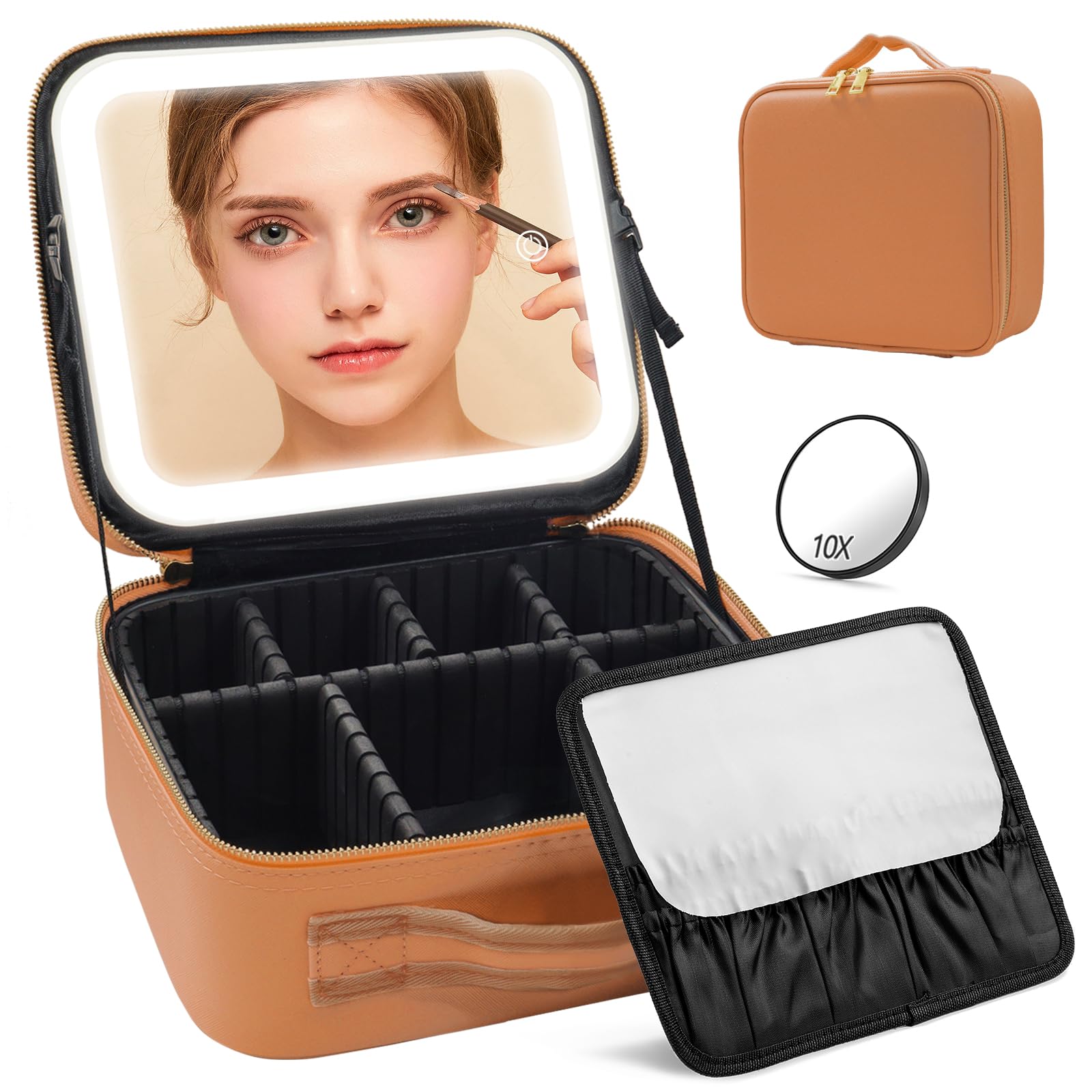 Makeup Case Organizer with Lighted Mirror, Travel Makeup Bag with Mirror and Lights Partitionable Makeup Bag with 2 Layers Adjustable Dividers, Cosmetic Case with Detachable 10X Magnification(Brown)