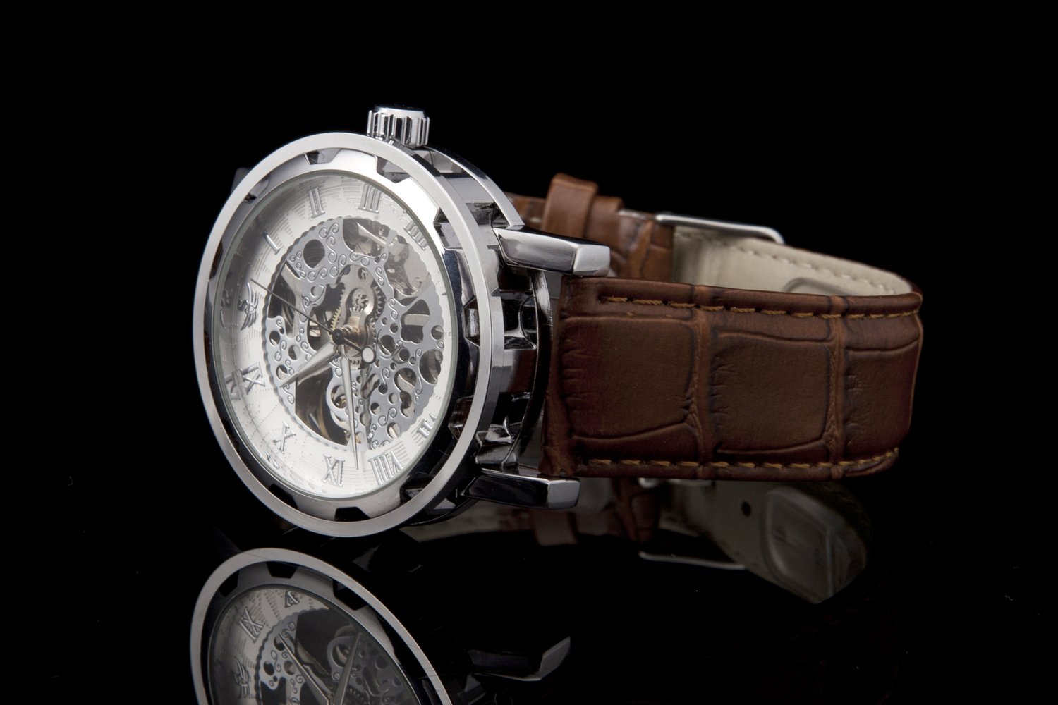 Sewor Men\'s Teampunk Trasparent Skeleton Analog Leather Mechanical Wrist Watch (White)