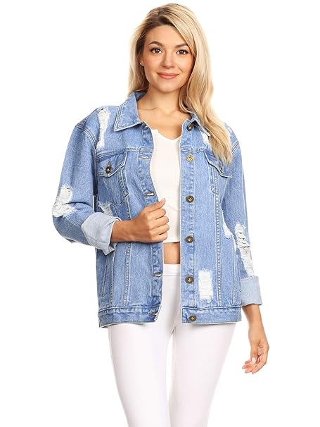Anna-Kaci Damen Blau Denim Schöne Jeans Plus Oversize Loch Jacke Tasche Knopf Kratzen Lässig Jeansjacke
