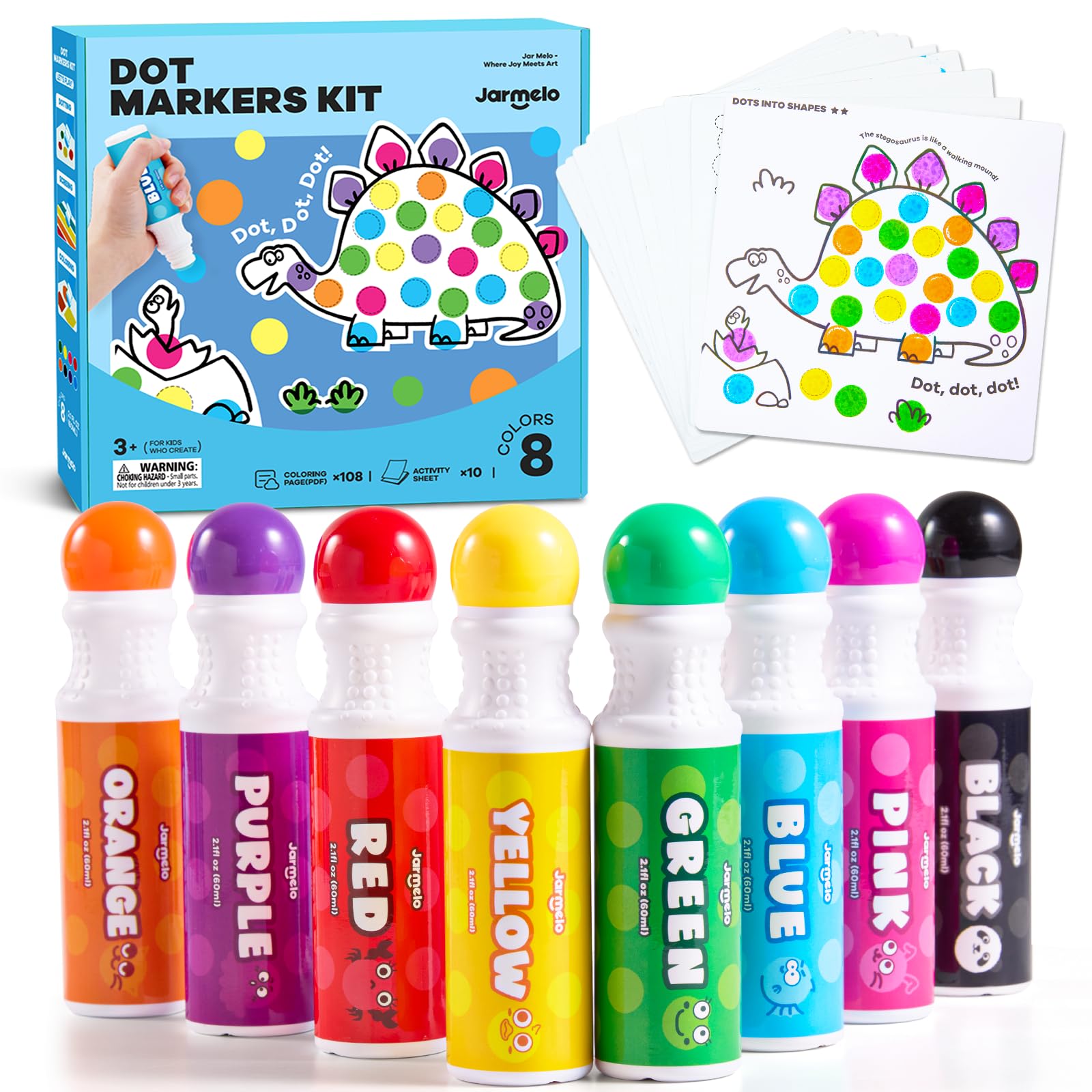 Jar Melo Washable Dot Markers for Toddlers, 8 Colors Bingo Dabber Pens with 120 PDF & 10 Activity Papers, Arts and Crafts Supplies for Preschool, Kids Ages 2-4 Years Old