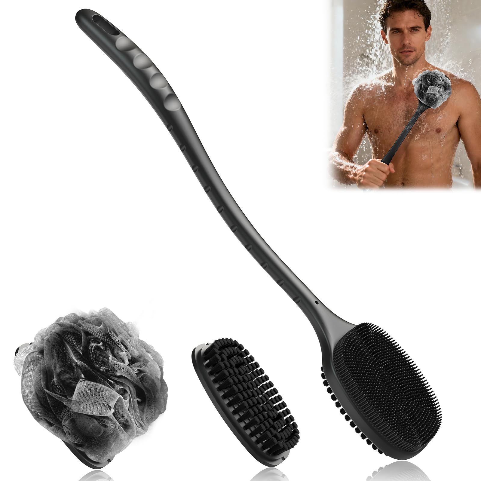 Row&Keep Back Scrubber for Shower, New Updated, Reversible Body Scrub Brush, Long Handle, Comes with Soft Silicone Bristles and Stiff Nylon Bristles for Shower Scrubbing and Massage