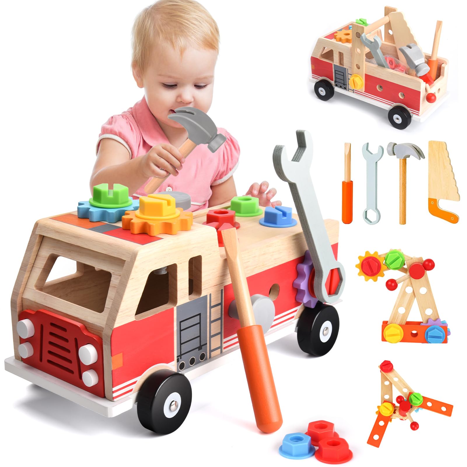 Nauotk Werkzeugkoffer Kinder Werkbank, Montessori Werkzeug Holzspielzeug Spielzeug ab 2 3 4 Jahre, Kinderwerkzeug Werkzeugwagen, Werkzeuggürtel Koffer Lernspiele Geschenk Junge Mädchen ab 3 Jahren