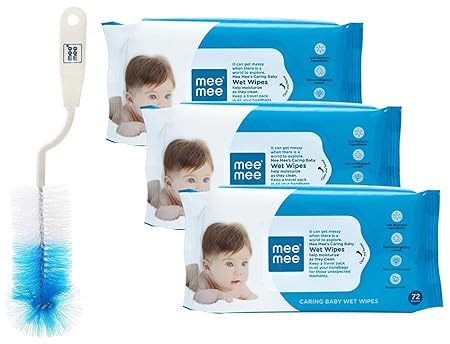 Mee Mee Bottle and Nipple Cleaning Brush with 360-Degree Rotary Handle, Blue & Caring Baby Wet Wipes with Aloe Vera (72 pcs/Pack) (Pack of 3) Combo