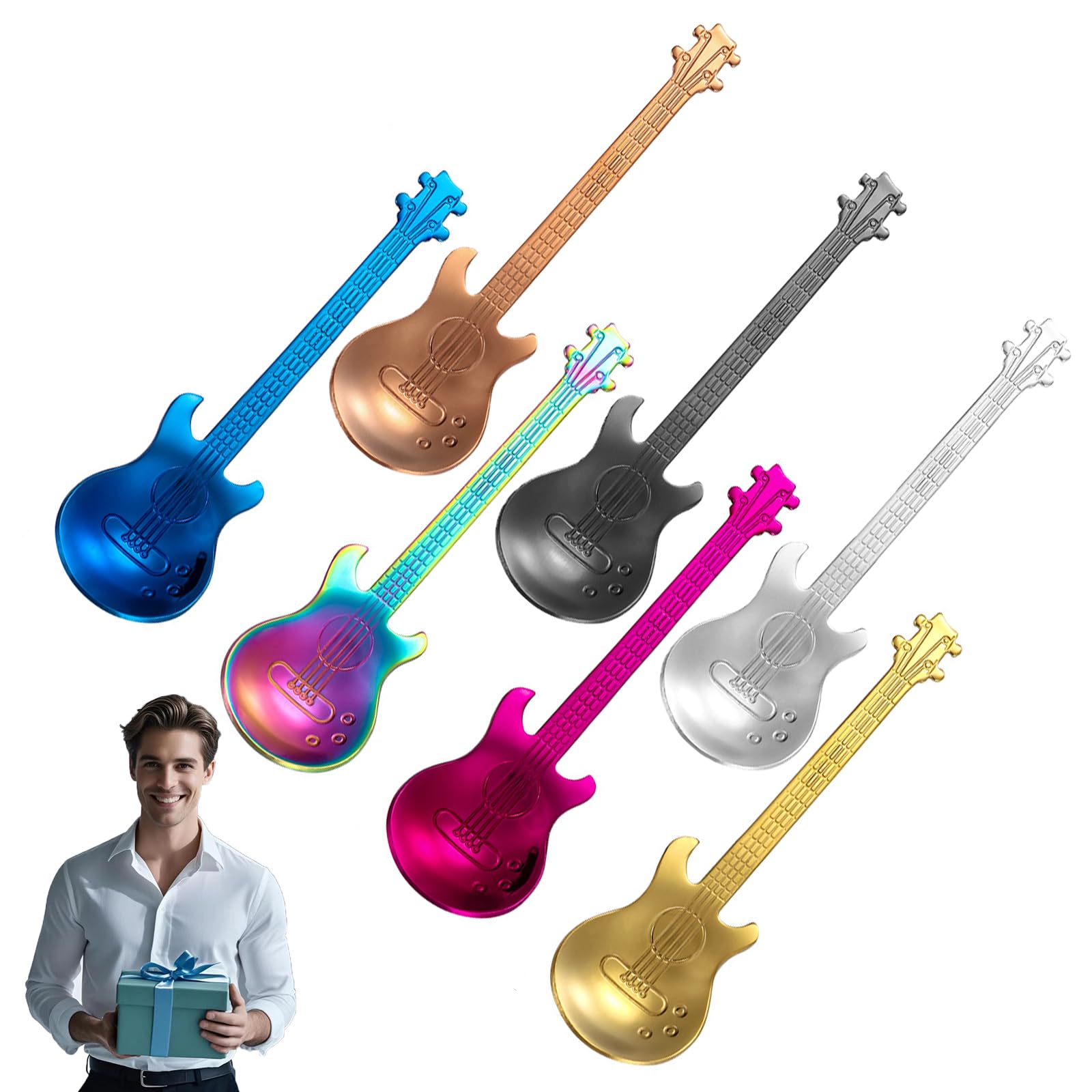 7pcs Guitar Coffee Teaspoons - Stainless Steel Coffee Teaspoons Perfect Guitar Gifts for Men, Music Lovers Unique Coffee Spoon, Ice Cream & Dessert Spoon Collection