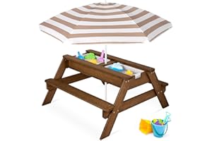 Best Choice Products Kids 3-in-1 Sand & Water Table, Wood Outdoor Convertible Picnic Table w/Umbrella, 2 Trays, Removable Top, 220lb Capacity Per Bench -Walnut/Beige