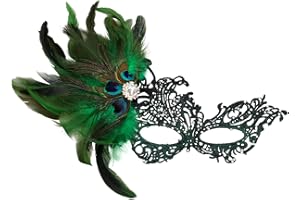 JewelryWe Peacock Feather Masquerade Mask: Women’s Lace Half Face Venetian Mardi Gras Masks for Halloween Prom Ball Party