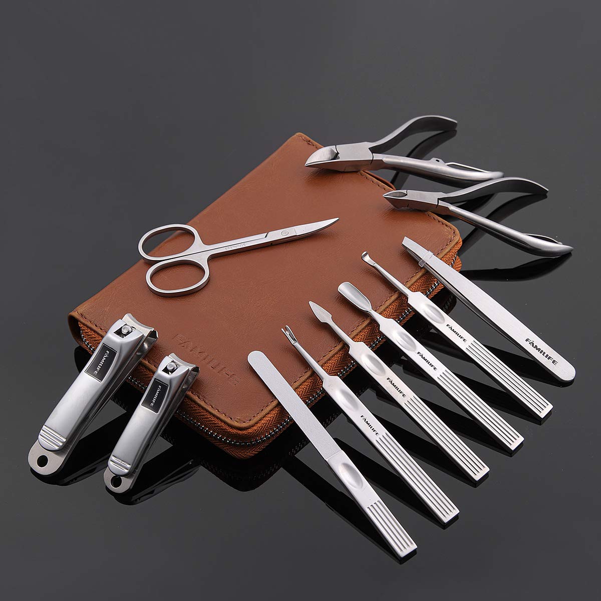 Manicure Set, FAMILIFE Professional Manicure Kit Nail Clippers Set 11 in 1 Stainless Steel Pedicure Tools Kit Grooming Kit with Portable Brown Leather Travel Case for Men L18 : Beauty