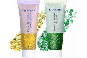 KIMIEYE Face Glitter Gel, 2 Jars Holographic Chunky Glitter Makeup for Body, Hair, Face, Nail, Eyeshadow, Long Lasting and Waterproof Mermaid Sequins Liquid Glitter Total 6 Colors Available (Gold & Green)