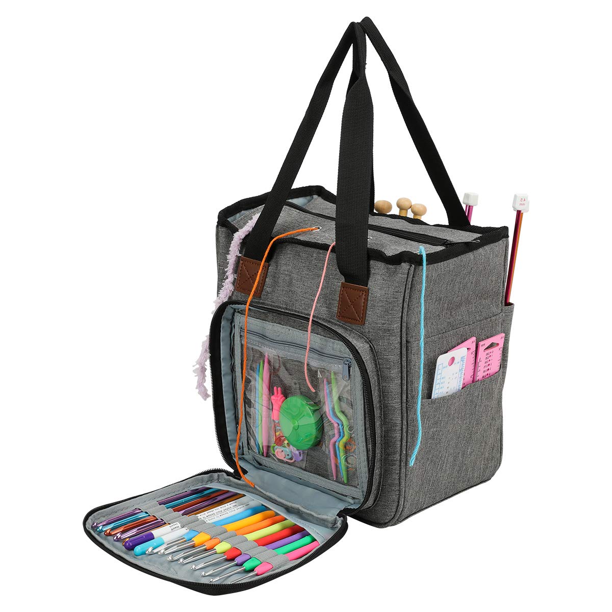 Coopay Craft Bag for Crochet Knitting Cross Stitch, Knitting Bags and Knitting Organizers, Crochet Project Bags for Wool and Needles Storage, Travel Sewing Bag Yarn Holder Accessories, Grey