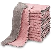 kimteny 12 Pack Kitchen Cloth Dish Towels, Premium Dishcloths, Super Absorbent Coral Velvet Dishtowels, Nonstick Oil Washable Fast Drying (Pink-Grey)