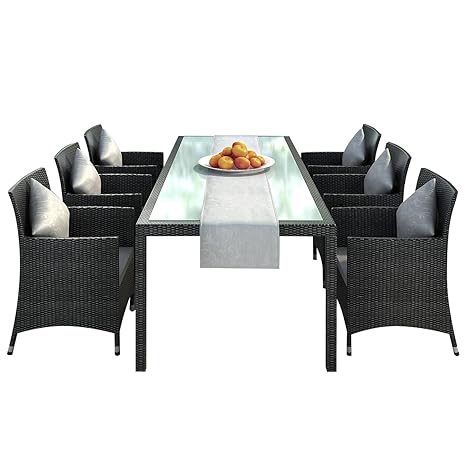 Jet-Line Gartenmoebel Essgruppe Rattan Dinning Set in Aluminium Rostfrei Nizza-Black (Tisch:2m + 6 Stühle + Tischläufer) Ratt