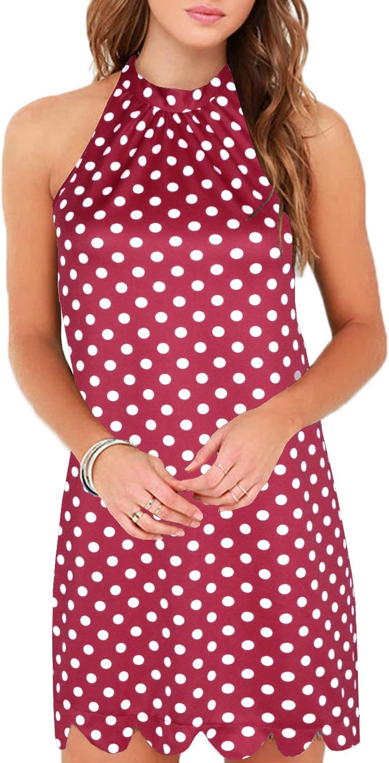 Fantaist Women's Sleeveless Halter Neck Patchwork Lace Mini Casual Shift Dress