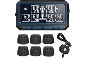 B-Qtech Tire Pressure Monitoring System Solar TPMS with Repeater for RV Trailer, 3.3inch Large Screen, 6 External Sensors(0-199Psi) Brightness Adjustable 7 Alert Modes Real Time Display Press Temp