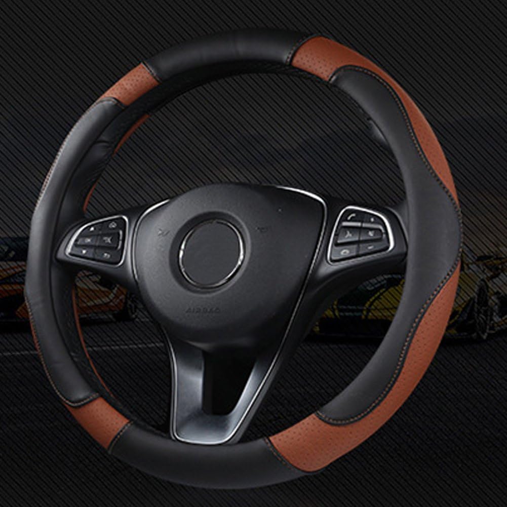 EIGIIS Direct Black and Red Microfiber Leather Auto Car Steering Wheel Cover Universal 15 inch (Brown)