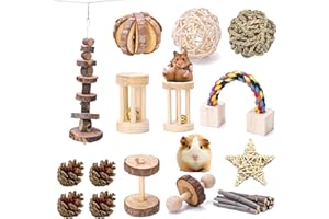 VCZONE 15Pcs Guinea Pig Toys Chinchilla Hamster Toys, Bunny Chew Toys Rat Gerbil Molar Wooden Pine Dumbells Exercise Bell Roller Fun Pet Balls Small Pets Play Toy (15 Pack)