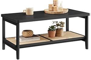 VASAGLE 2-Tier Coffee Table for Living Room, Living Room Table Rectangular Center Table, with PVC Rattan Storage Shelf, Round