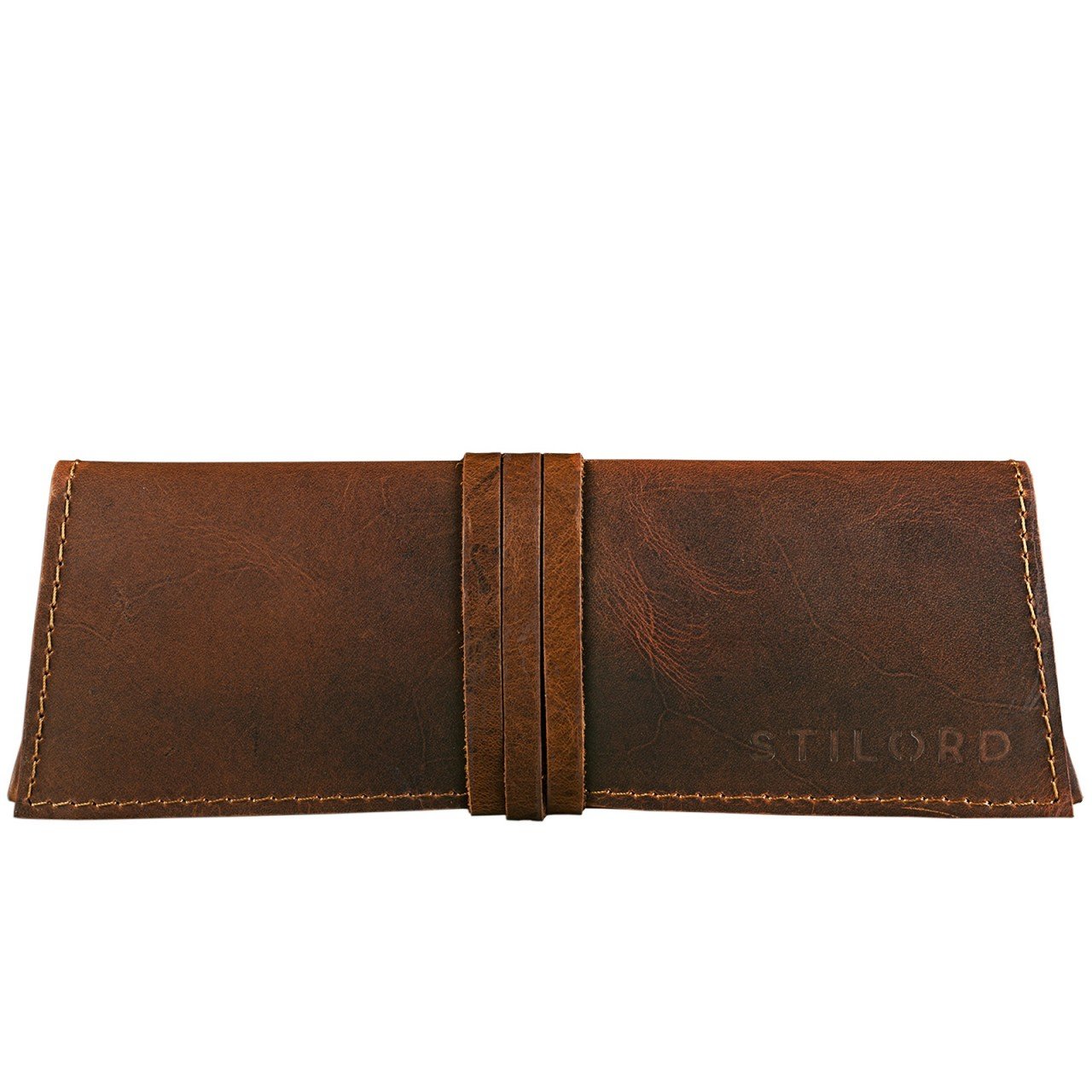 STILORD "David" Leather Pencil case/Pouch/Pen Case/for School, University and Office, with Leather Strip Genuine Buffalo Vintage Leather Colour:Cognac Dark Brown