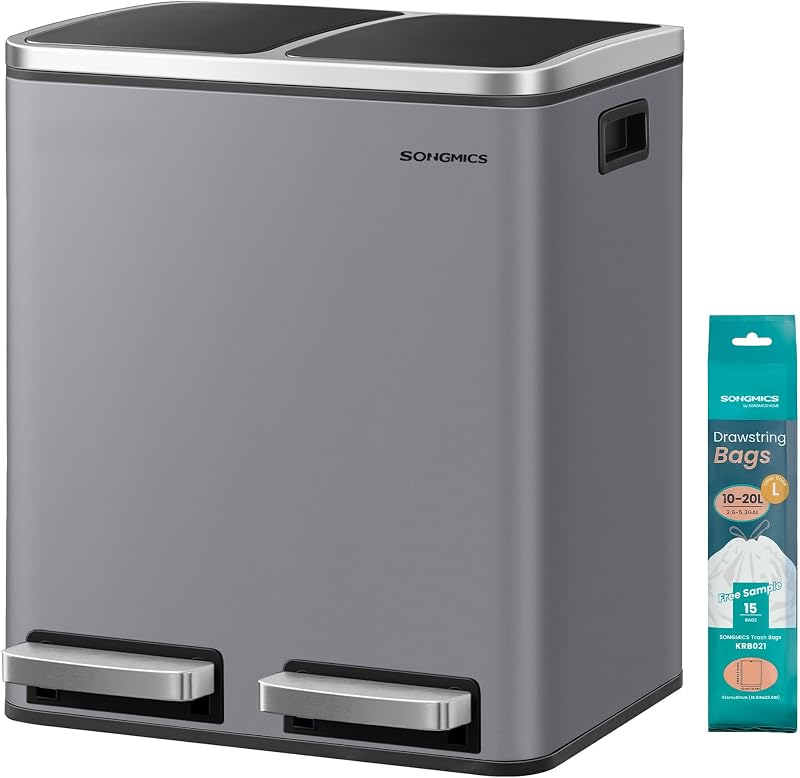 SONGMICS Dual Rubbish Bin 2-Compartment Pedal Bin with Lids 15 L Each