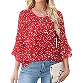CiCiBird Women Chiffon Floral Blouse 3/4 Ruffle Sleeve Crew Neck Pleated Front Tops Dressy Casual Shirts