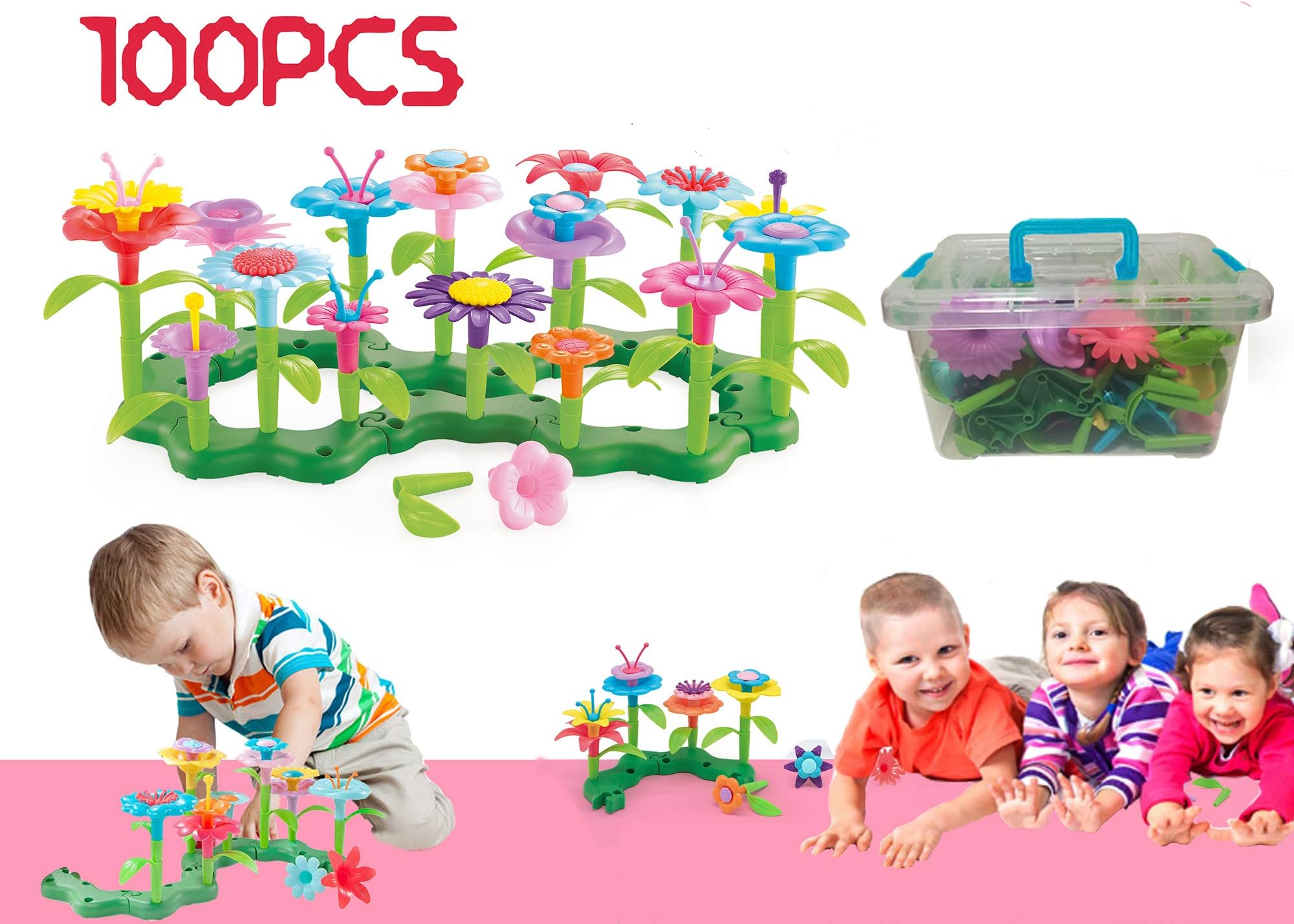 LVEA 100PCS Build-a-Bouquet Floral Arrangement Playset - BPA Free, Phthalates Free, Creative Play Toys for Gross Motors, Fine Motor Skill Development. Toys and Games (100PCS)