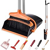 Broom and Dustpan Set with Long Handle and 6 Bonus Cleaning Tools, Upright Standing Combo with Self-Cleaning Teeth & Windproo