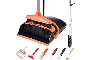 Broom and Dustpan Set with Long Handle and 6 Bonus Cleaning Tools, Upright Standing Combo with Self-Cleaning Teeth & Windproo
