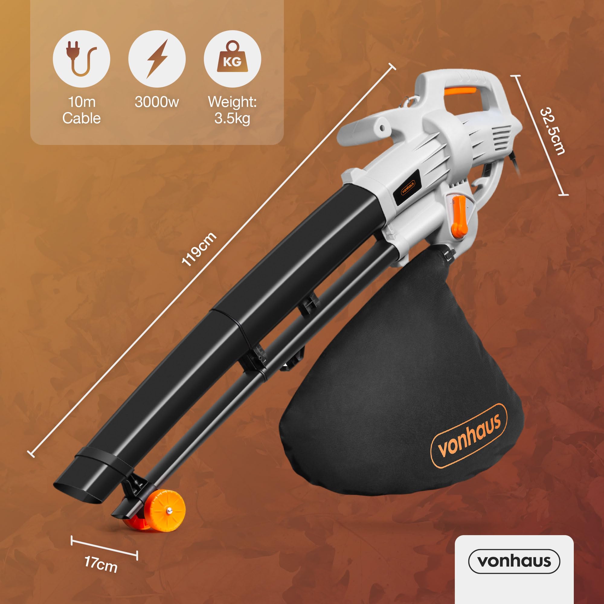 VonHaus Leaf Blower and Vacuum 3000W – Corded Leaves Collector, Clear Gardens, Patios, Gutters, Driveways & More – Lightweight, 10m Cable, Shoulder Strap, Wheels, 35L Collection Bag – 3 Year Warranty