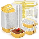 Ruckae 10oz 100 Pcs Square Mini Loaf Pans with Lids-Disposable Foil Dessert Containers,Mini Cake Pans with Lids,Aluminum Dessert Cups for Parties and Weddings (Gold, 10oz)