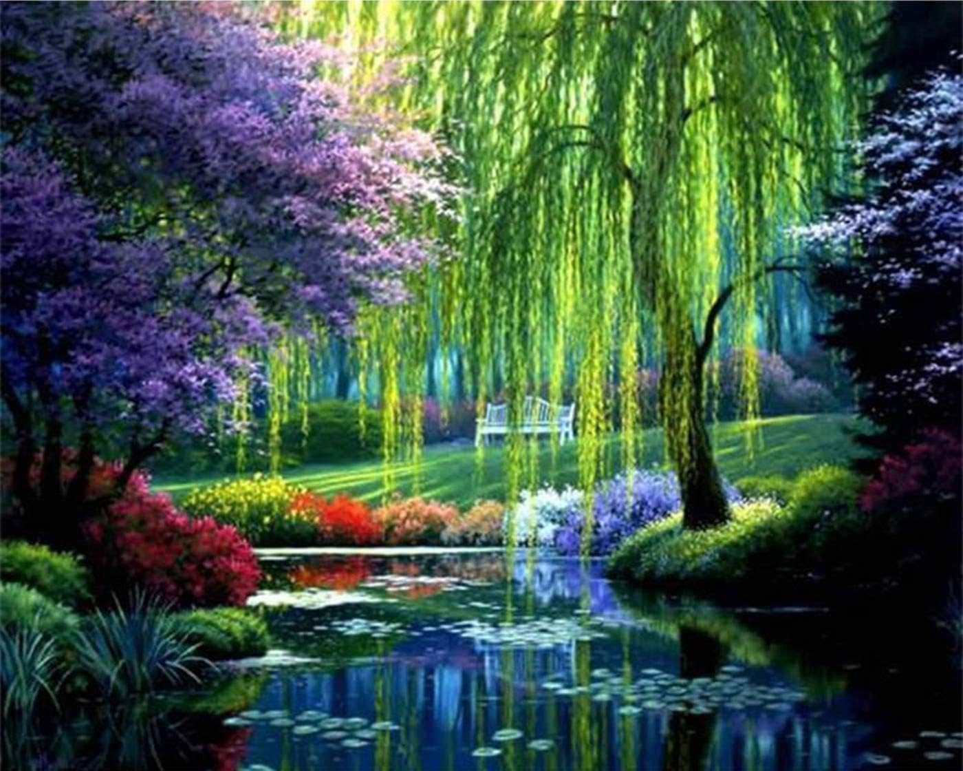 eGoodn 5D Diamond Painting Art Full Drill Round Rhinestones Shinning Beads Paint by Number Kit, Canvas 19.7 by 15.8 inches, Lakeside Willow, No Frame