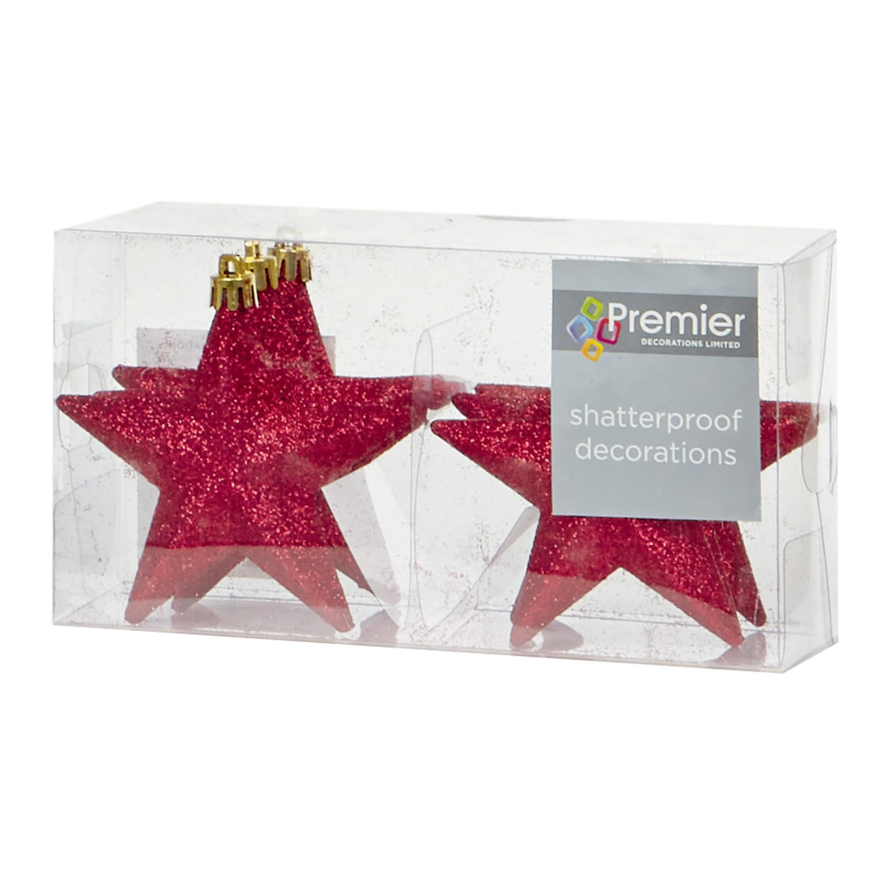 Shatterproof Christmas Stars 6 Pack 100mm Premier Christmas Tree Decoration, glitter Star Baubles (Red 6082)