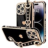 LLZ.COQUE for iPhone 14 Pro Case Cute Love-Heart Plating Strap Phone Cover for Women Girls Bling Soft Silicone Camera Lens Protection Bumper Shockproof Phone Case for iPhone 14 Pro (6.1'')-Black