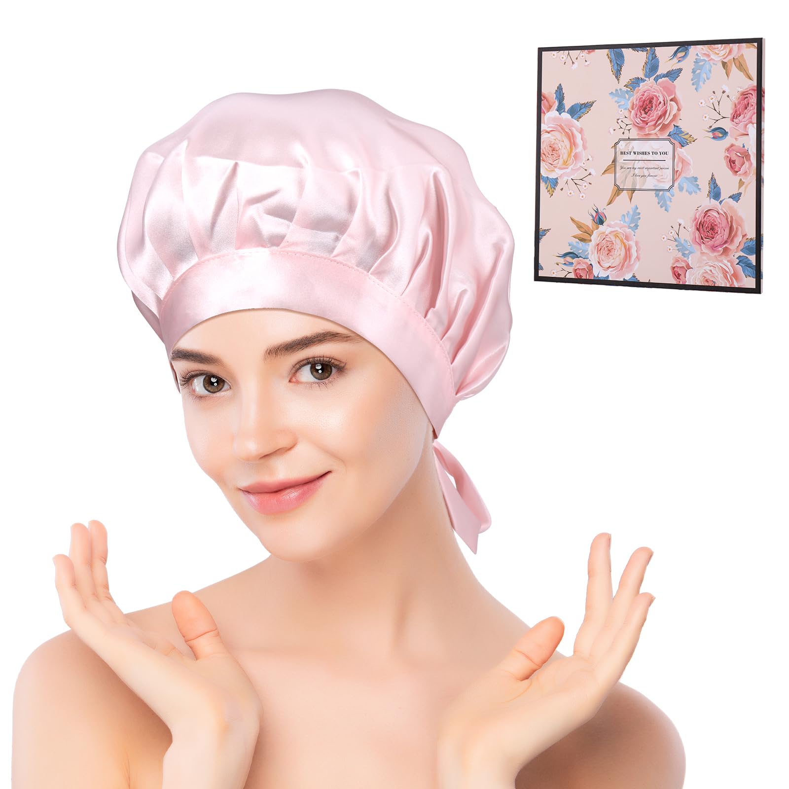 100% Mulberry Silk Bonnet, 16 Momme Pure Silk Bonnet for Sleeping, Breathable Anti-slip Silk Hair Bonnet with Strap, Elastic Silk Hair Wrap for Sleeping, Pink Silk Cap for Curly Braid Hair Care