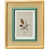 ibalux 5x7 Picture Frame, Natural, Turquoise and Rattan Trim, Pine Wood with Real Glass, Matted to 4x6, Vertical and Horizontal for Tabletop or Wall Hanging Display Photo Frame