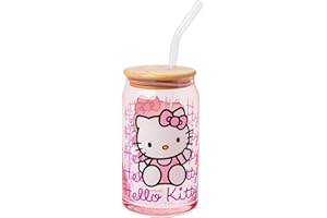 Silver Buffalo Sanrio Hello Kitty Waving Pink Glass Jar Tumbler with Bamboo Lid and Glass Straw, 16 Ounces