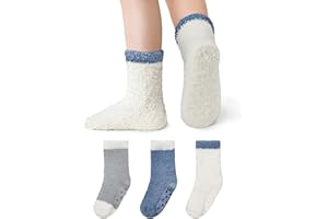 Durio Kids Fuzzy Slipper Socks with Non-Slip Grips - 3 Pairs Cozy Warm Crew Sock for Boys Girls, Soft Toddler Winter Socks