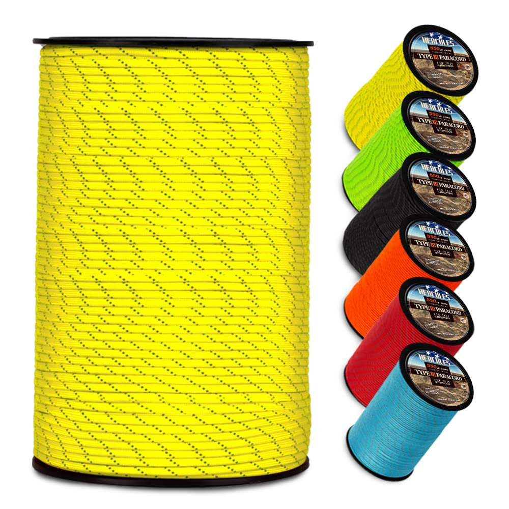 HERCULES 550 Paracord 4mm Type III 7 Strands Parachute Cord, 50' Reflective Neon Yellow Utility Rope for Crafting, DIY, Camping, Survival, Outdoor
