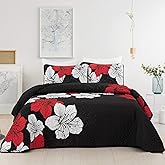 DJY 3 Pieces Quilt Set Queen Red Floral Pattern Quilt Coverlet Set Elegant Boho Bedspread with 2 Pillow Shams Lightweight Microfiber Bedding Quilt Set for All Season (Black, 90"x96")