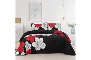 DJY 3 Pieces Quilt Set California King Red Floral Pattern Quilt Coverlet Set Elegant Boho Bedspread with 2 Pillow Shams Lightweight Floral Bedding Quilt Set for All Season (Black, 106"x 96")