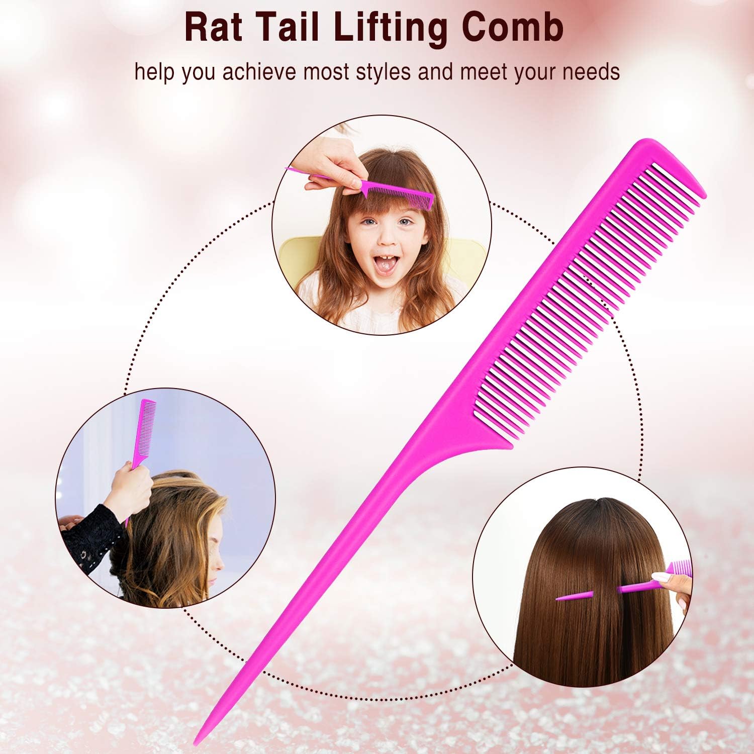 3 Pieces Plastic Rat Tail Comb Set, 9 Inch Pintail and Fiber Teasing Combs With Thin and Long Handle for Men Women, Girls - Image 3